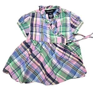 Ralph Lauren Baby Girl 12 Months Dress Pink Plaid Short Sleeve Tie Formal Fringe